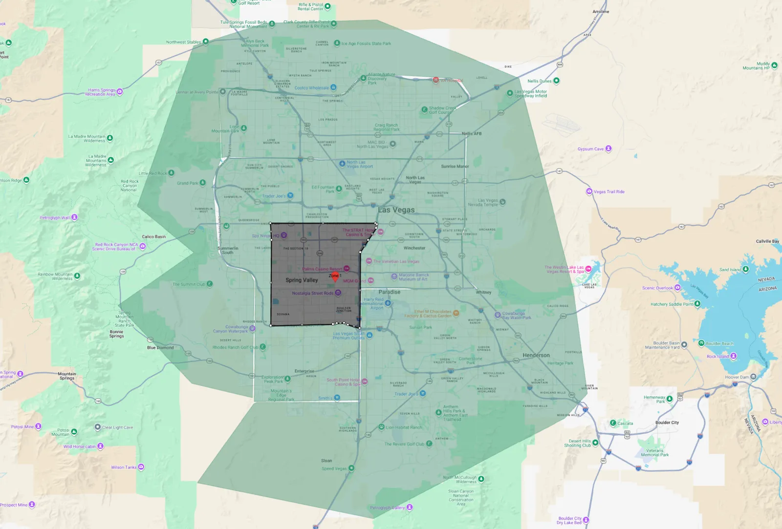 Map of delivery Zone 1: the shaded area shows where the $75 minimum applies. The blocks around the store: central Spring Valley and the Palms corridor, west of the Strip.