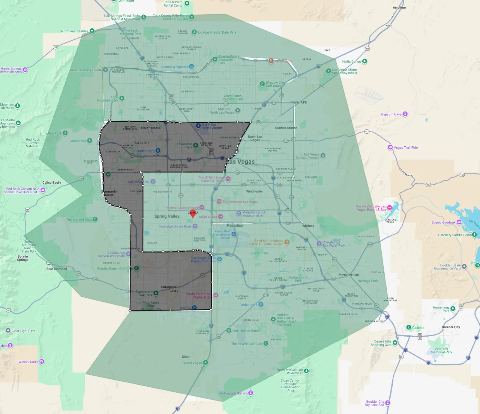 Map of delivery Zone 2: the shaded area shows where the $100 minimum applies. Summerlin, Sun City, The Lakes and Desert Shores, plus Enterprise and Mountain's Edge.