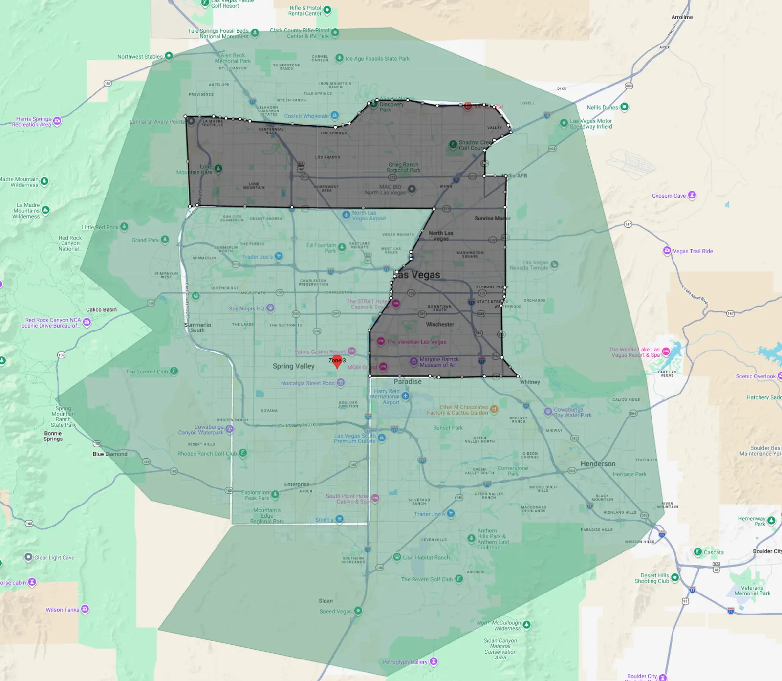 Map of delivery Zone 3: the shaded area shows where the $100 minimum applies. Centennial Hills, Lone Mountain and the northwest, North Las Vegas, Sunrise Manor, Downtown and the east side of the Strip.
