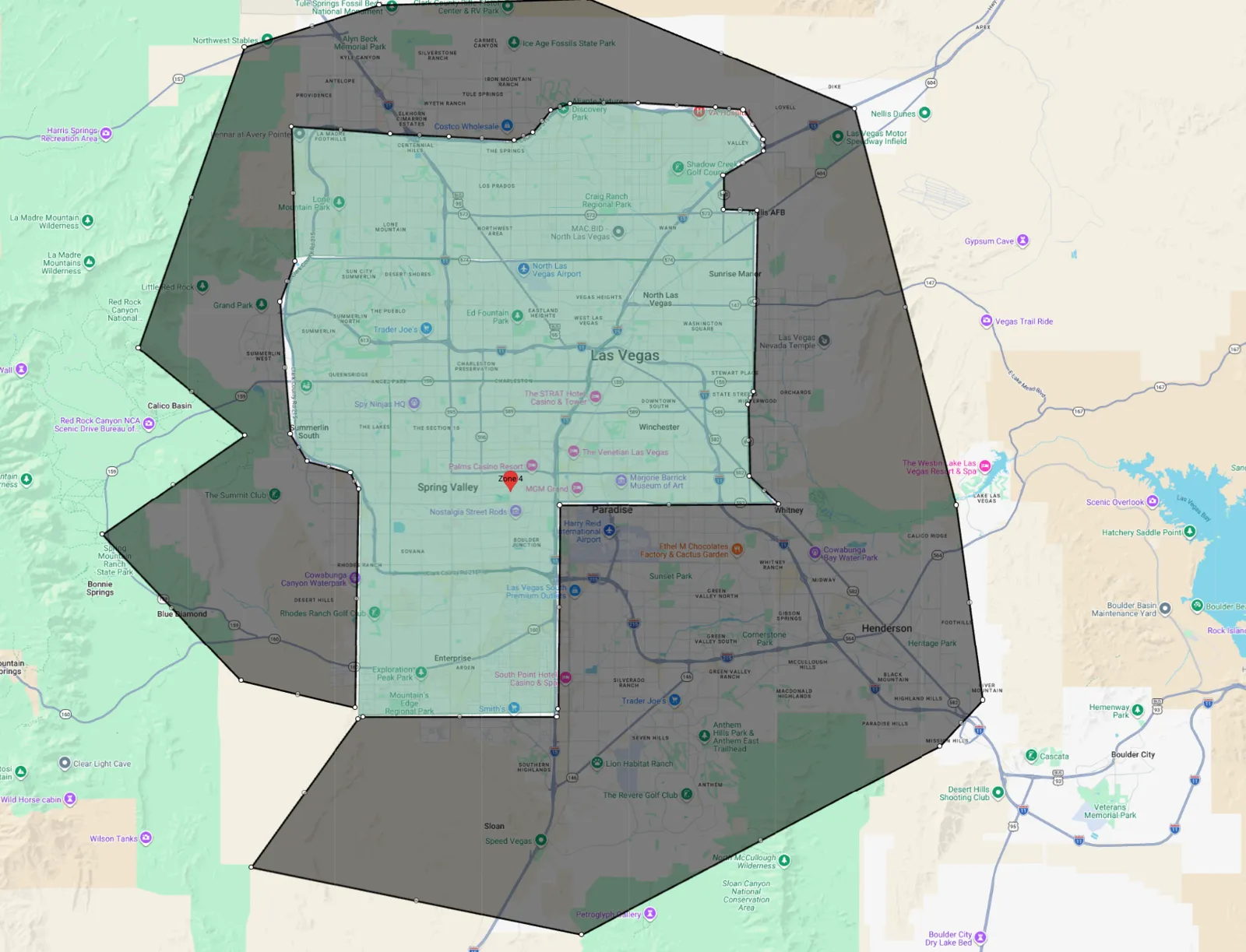 Map of delivery Zone 4: the shaded area shows where the $125 minimum applies. The outer valley: Henderson, Green Valley, Anthem, Whitney and Summerlin West.