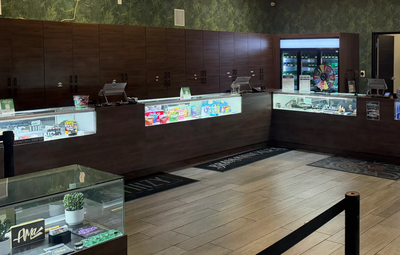 Lit glass display cases set into the counter, below a run of dark wood cabinets.