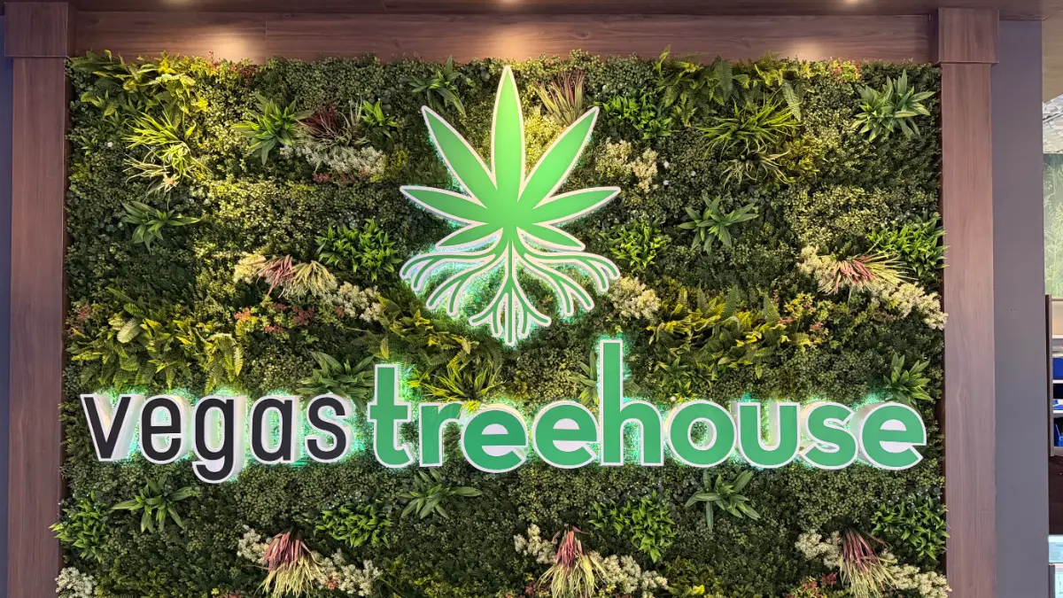 The illuminated Vegas Treehouse sign mounted on a living wall of moss and ferns inside the store.