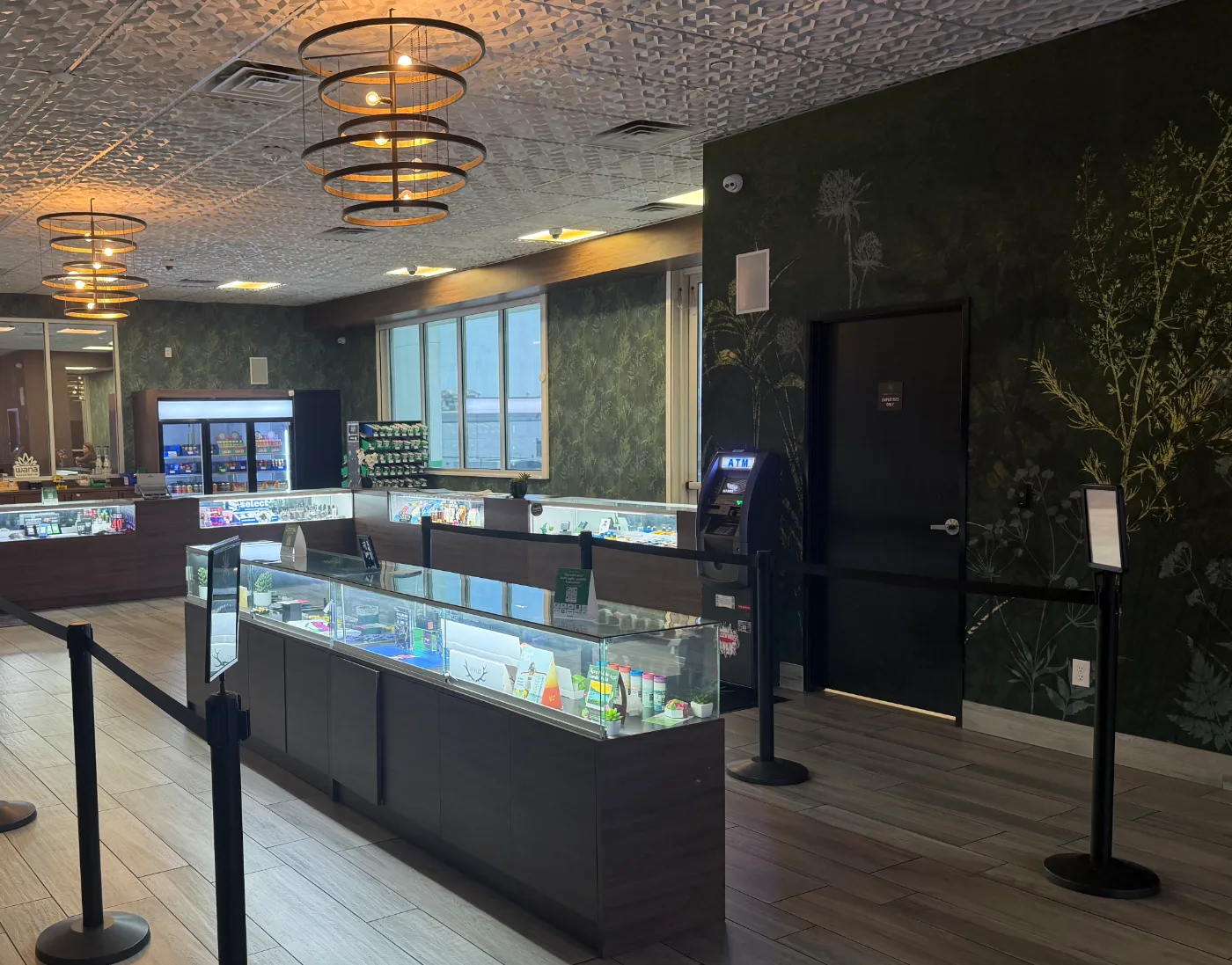 The entry lobby: queue posts, a long front display case, an ATM, and a dark botanical wall.